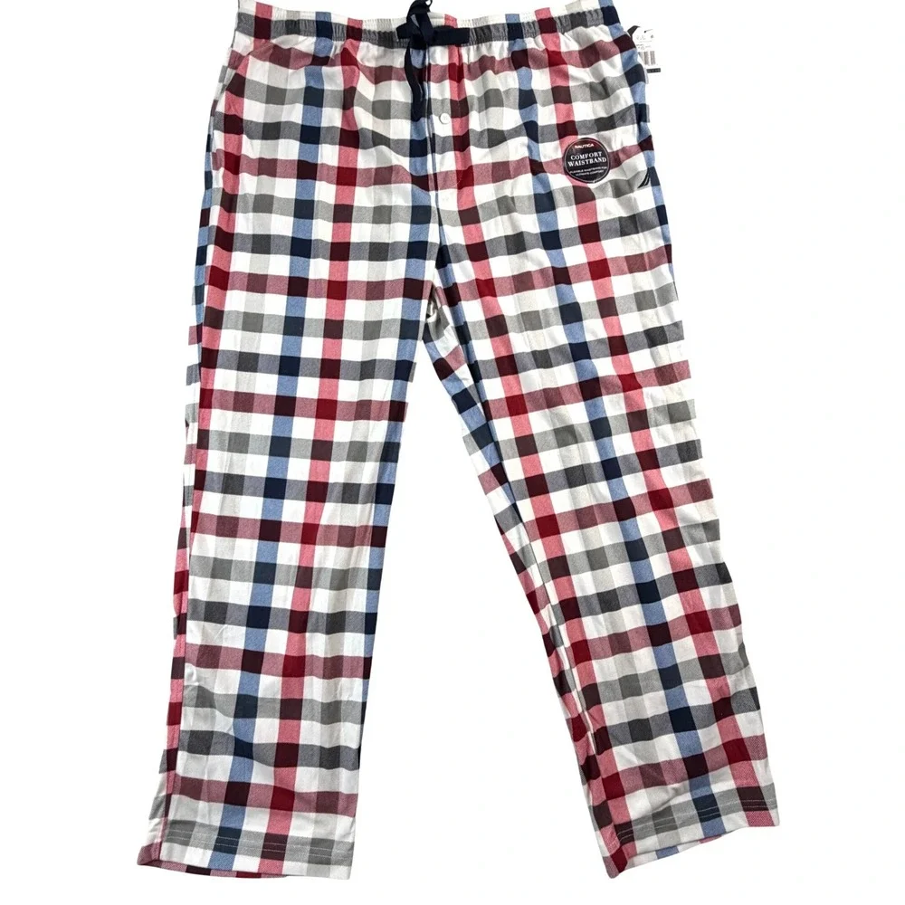NWT Nautica Mens Plaid‎ Pajama Pants XXL Sail White Red Blue Fleece Sleepwear